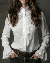 White Turtle Poet Sleeve Lace Shirt | Rihoas