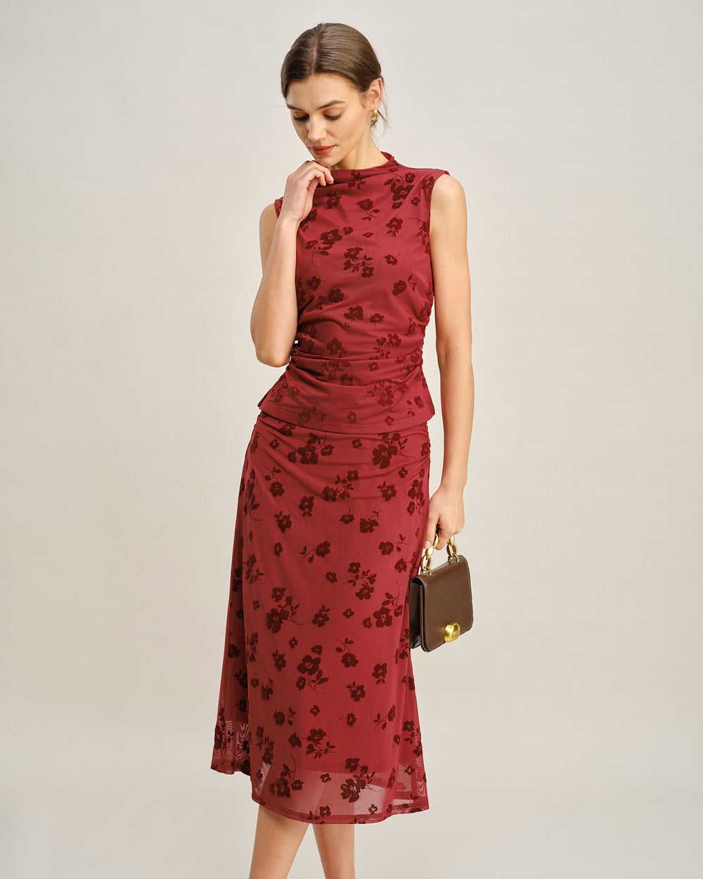 Red Floral Mermaid Midi Skirt | Rihoas