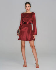 Wine Red Satin Bell Sleeve Mini Dress | Rihoas