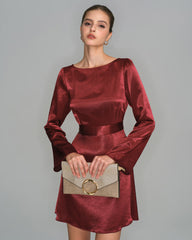 Wine Red Satin Bell Sleeve Mini Dress | Rihoas