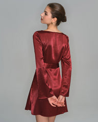 Wine Red Satin Bell Sleeve Mini Dress | Rihoas