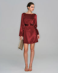 Wine Red Satin Bell Sleeve Mini Dress | Rihoas