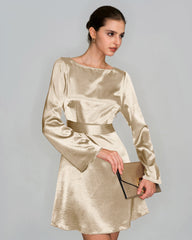 Apricot Boat Neck Satin A-Line Mini Dress | Rihoas