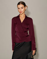 Wine Red Satin V Neck Tie Shirt | Rihoas