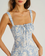 Blue Floral Ruched Slip Midi Dress | Rihoas