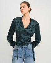 Green Jacquard Tie Neck Blouse | Rihoas