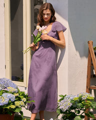 Purple V Neck Butterfly Sleeve Floral Midi Dress | Rihoas