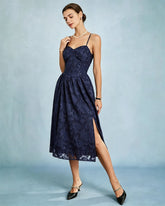 Blue Jacquard A-Line Slip Midi Dress | Rihoas