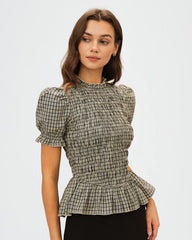 Apricot Lantern Sleeve Shirred Plaid Tee | Rihoas