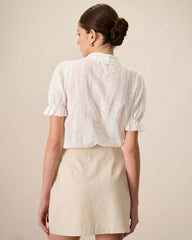 Women's White Collared Lace Embroidery Cotton Blouse | Rihoas