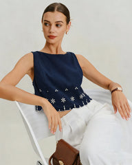 Blue Embroidery Contrasting Tank Top | Rihoas