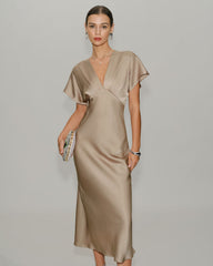 Apricot Satin V Neck A-Line Midi Dress | Rihoas