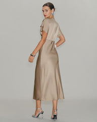 Apricot Satin V Neck A-Line Midi Dress | Rihoas