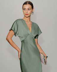 Green Satin V Neck A-Line Midi Dress | Rihoas