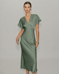 Green Satin V Neck A-Line Midi Dress | Rihoas