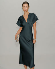 Green Satin Cowl Sleeve Midi Dress | Rihoas