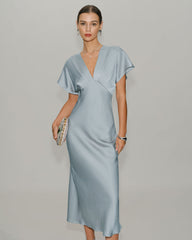 Blue V Neck Cowl Sleeve Satin Midi Dress | Rihoas