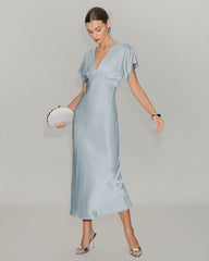 Blue V Neck Cowl Sleeve Satin Midi Dress | Rihoas