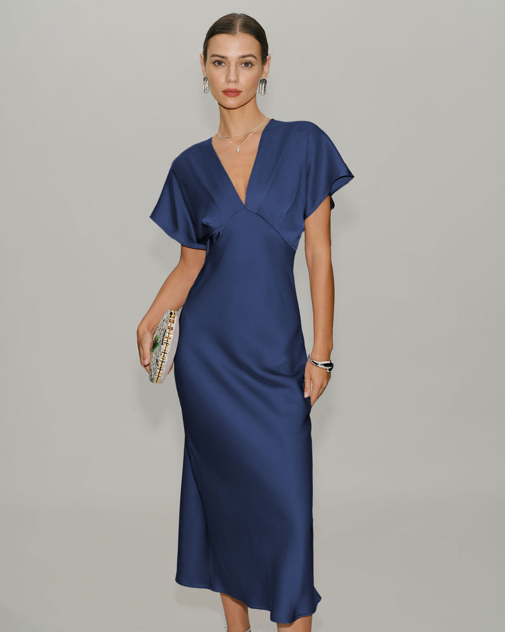 Navy Satin Cowl Sleeve Midi Dress | Rihoas