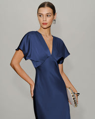Navy Satin Cowl Sleeve Midi Dress | Rihoas