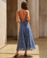 Blue Jacquard Ruched Slip Maxi Dress | Rihoas
