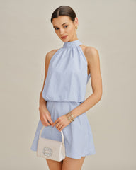 Blue Mock Neck Tie Striped Mini Dress | Rihoas