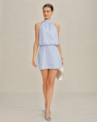 Blue Mock Neck Tie Striped Mini Dress | Rihoas