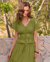 Green V Neck Ruched Blouse | Rihoas