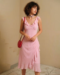 Pink V Neck Ruffle Sleeveless Midi Dress | Rihoas