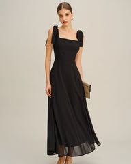 Black Chiffon Tie Strap Maxi Dress | Rihoas