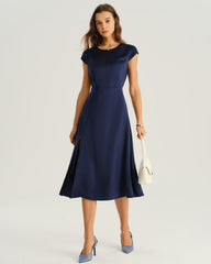 Navy Satin Cut Out Slit Midi Dress | Rihoas