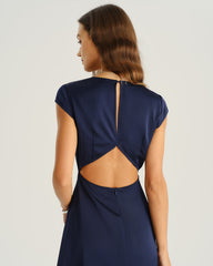 Navy Satin Cut Out Slit Midi Dress | Rihoas