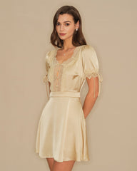 Apricot V Neck Lace Satin Mini Dress | Rihoas