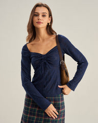 Navy Sweetheart Neck Lace Tee | Rihoas