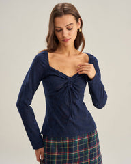 Navy Sweetheart Neck Lace Tee | Rihoas