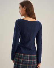 Navy Sweetheart Neck Lace Tee | Rihoas