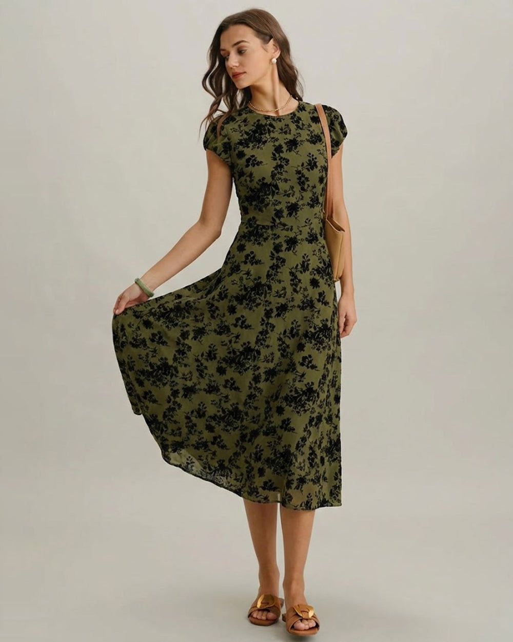 Green Floral A-Line Cap Sleeve Midi Dress | Rihoas
