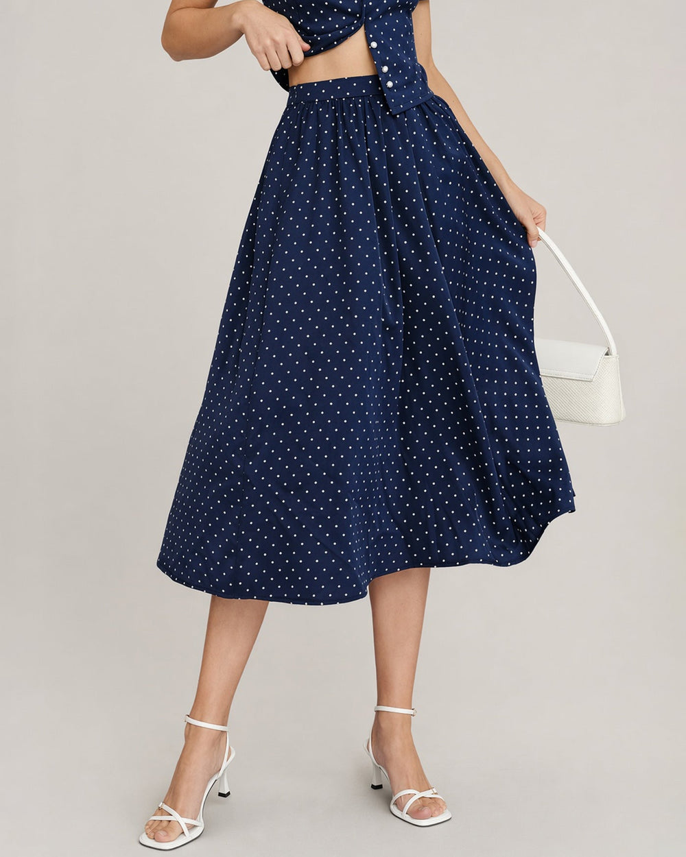 Blue Polka Dot Pockets Midi Skirt | Rihoas