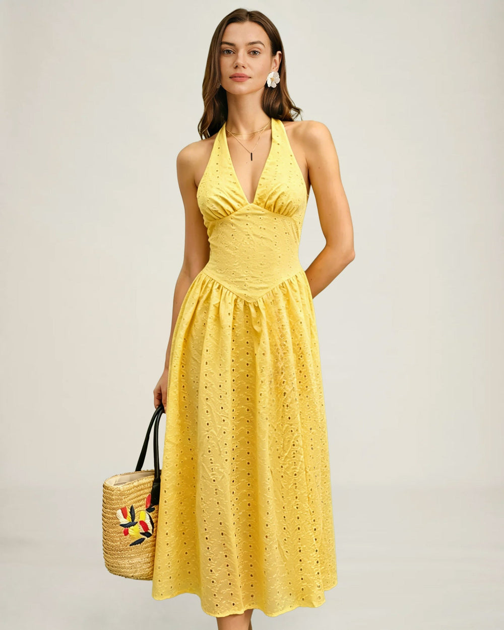 Yellow Halter Cut Out Textured Maxi Dress | Rihoas