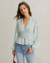 Green V Neck Floral Shirt | Rihoas