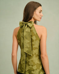 Green Floral Turtle Neck Tank Top | Rihoas