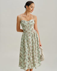Green Floral Sweetheart Neck Pleated Slip Midi Dress | Rihoas
