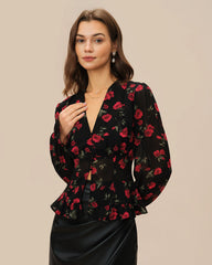 Black Floral V Neck Blouse | Rihoas