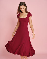Red Square Neck Pocket Midi Dress | Rihoas
