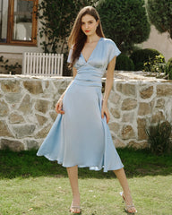 Blue Drop Shoulder Pleated Midi Dress | Rihoas