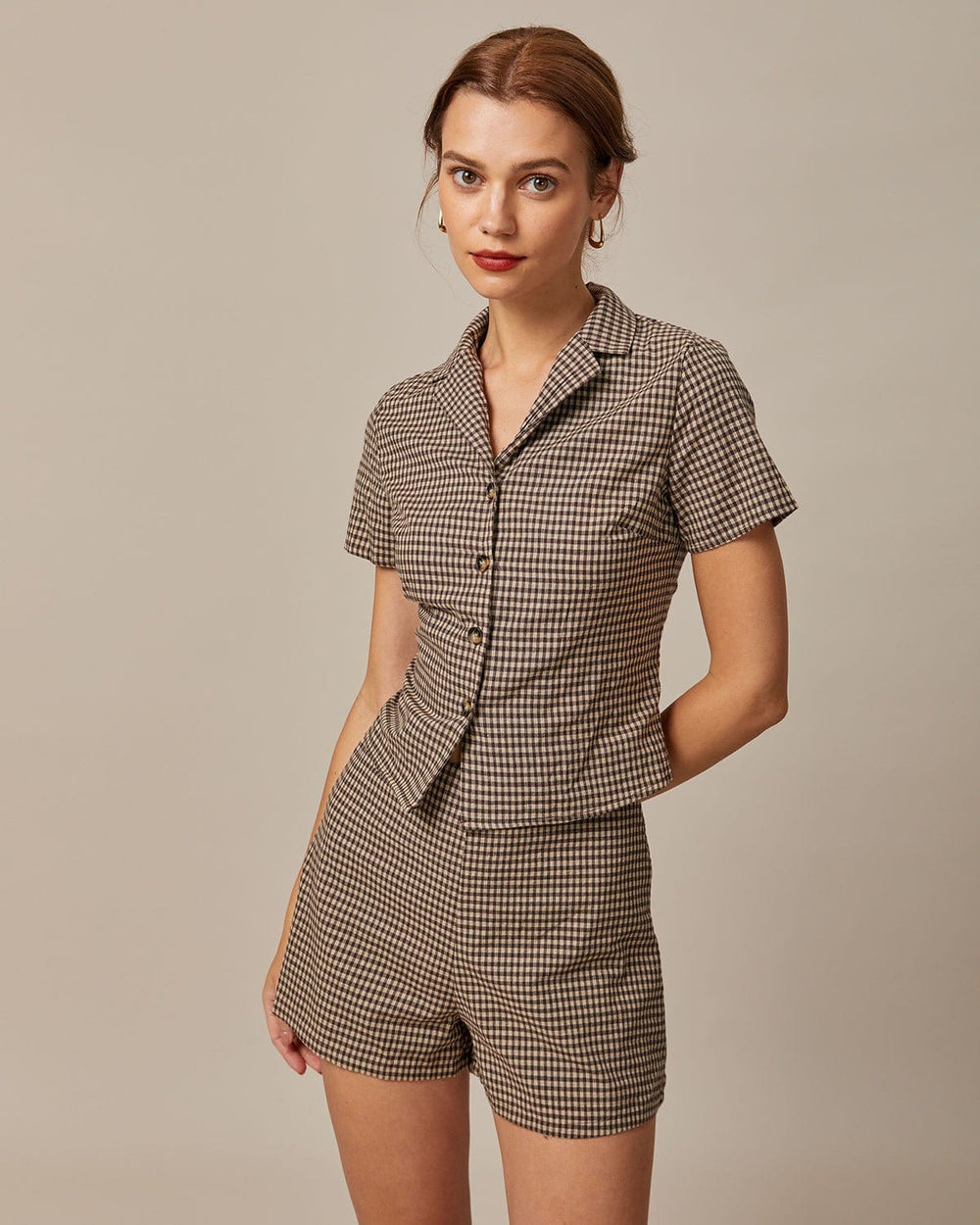 The Brown Lapel Gingham Short Sleeve Blouse | Rihoas