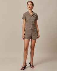 The Brown Lapel Gingham Short Sleeve Blouse | Rihoas