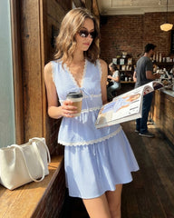Blue Elastic Waist Tie Mini Skirt | Rihoas