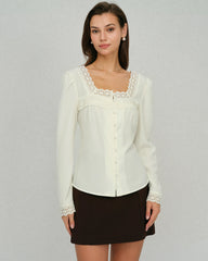 Beige Square Neck Lace Blouse | Rihoas