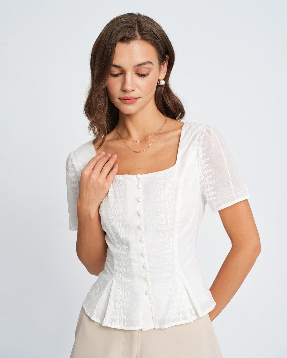 White Floral Textured Blouse | Rihoas